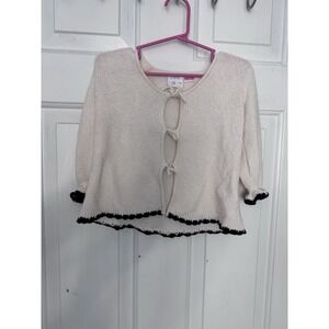 ZARA Kids Girls 4 5 Ecru Knit Cardigan with Contrast Black Trim Tie Bow Closure